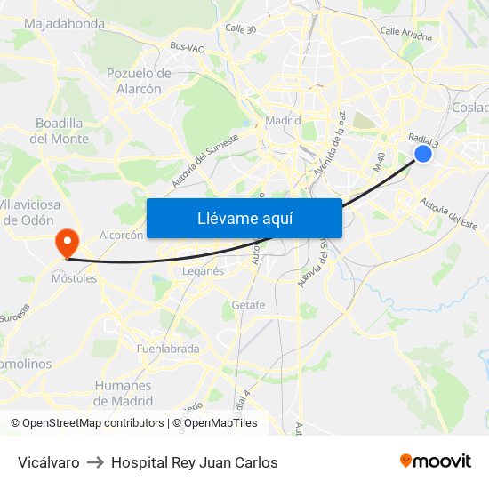 Vicálvaro to Hospital Rey Juan Carlos map