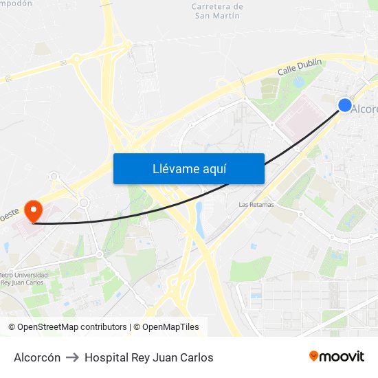 Alcorcón to Hospital Rey Juan Carlos map