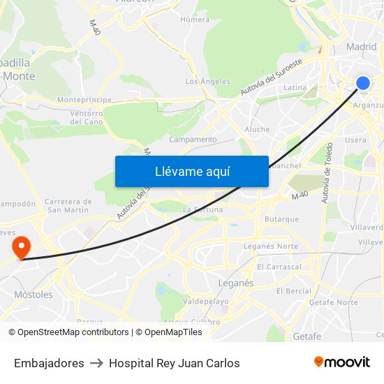 Embajadores to Hospital Rey Juan Carlos map