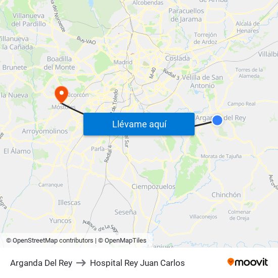 Arganda Del Rey to Hospital Rey Juan Carlos map