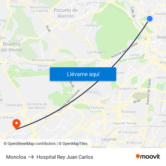 Moncloa to Hospital Rey Juan Carlos map