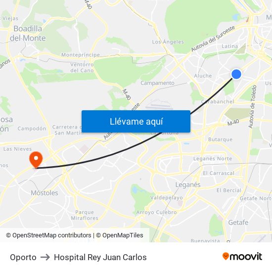 Oporto to Hospital Rey Juan Carlos map