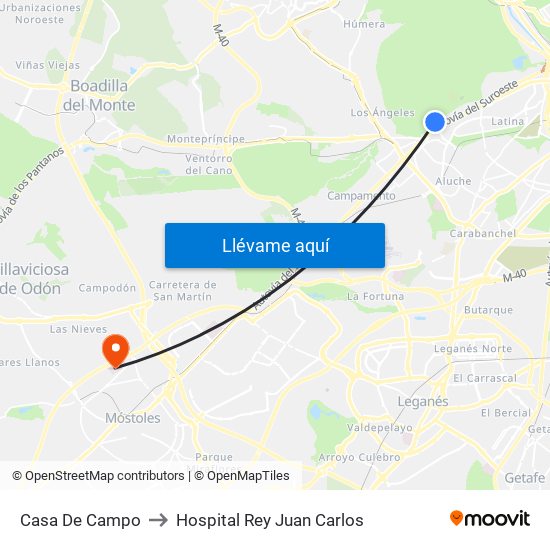 Casa De Campo to Hospital Rey Juan Carlos map