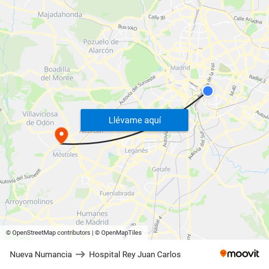 Nueva Numancia to Hospital Rey Juan Carlos map