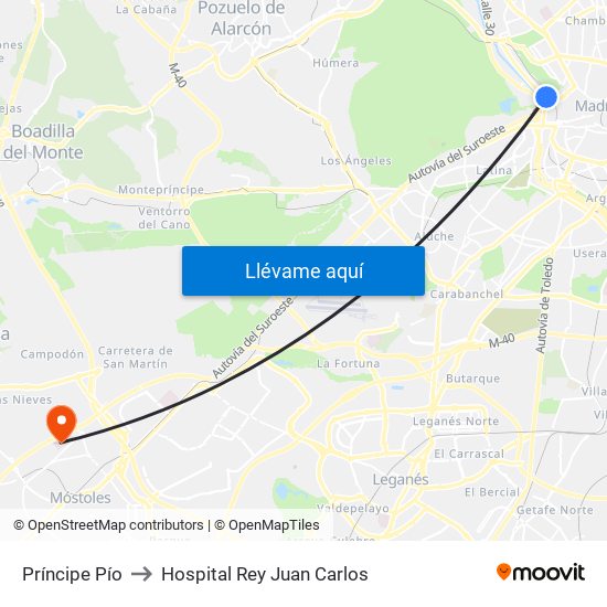 Príncipe Pío to Hospital Rey Juan Carlos map