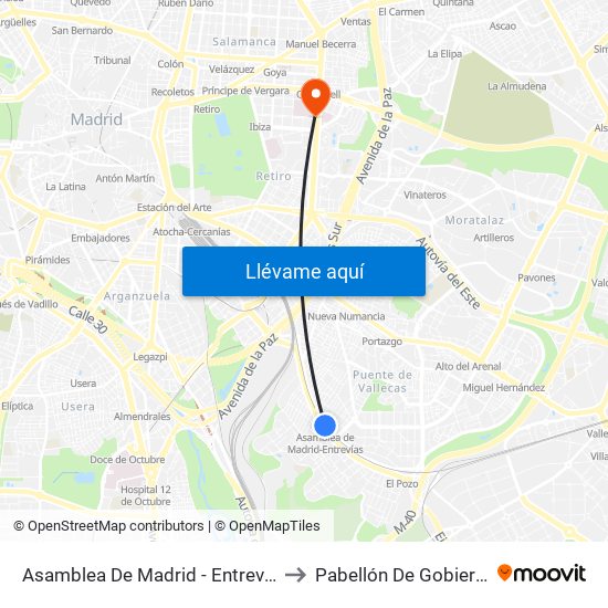 Asamblea De Madrid - Entrevías to Pabellón De Gobierno map
