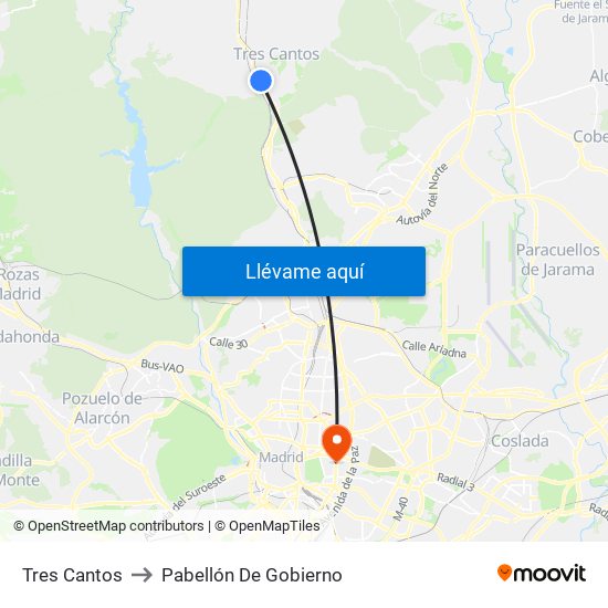 Tres Cantos to Pabellón De Gobierno map