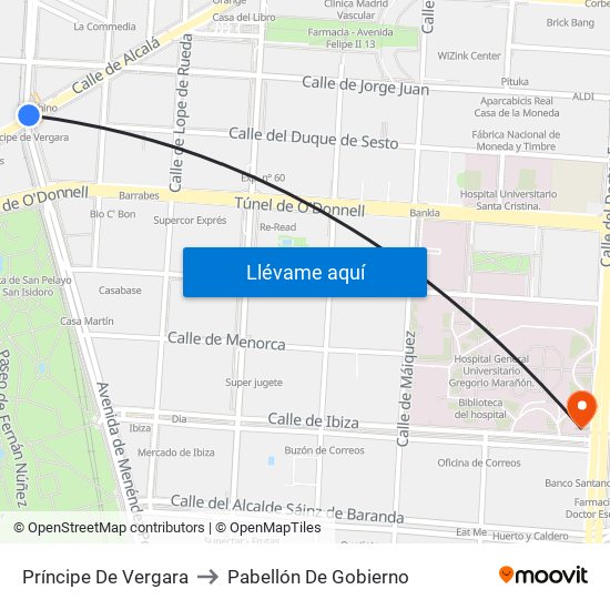 Príncipe De Vergara to Pabellón De Gobierno map