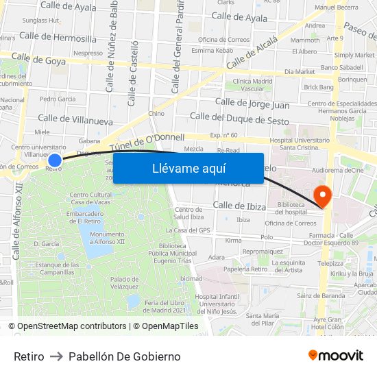 Retiro to Pabellón De Gobierno map