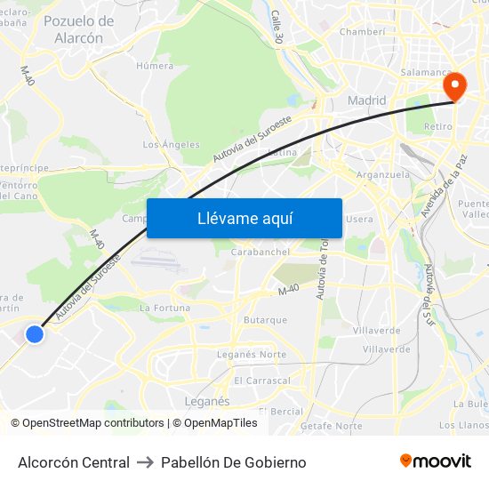 Alcorcón Central to Pabellón De Gobierno map