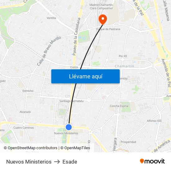 Nuevos Ministerios to Esade map