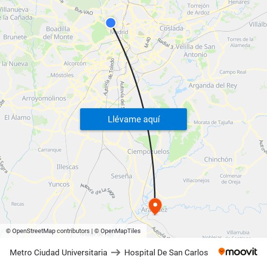 Metro Ciudad Universitaria to Hospital De San Carlos map