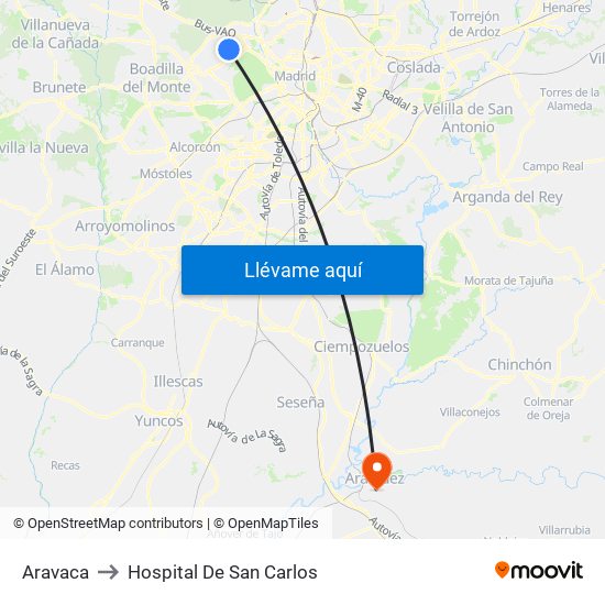 Aravaca to Hospital De San Carlos map