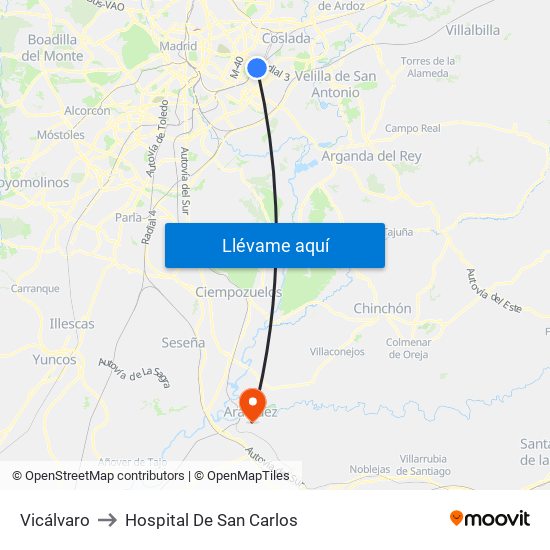 Vicálvaro to Hospital De San Carlos map