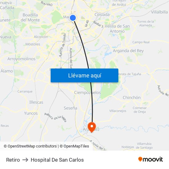 Retiro to Hospital De San Carlos map
