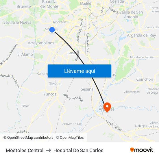 Móstoles Central to Hospital De San Carlos map