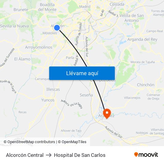 Alcorcón Central to Hospital De San Carlos map