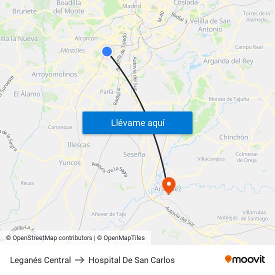 Leganés Central to Hospital De San Carlos map