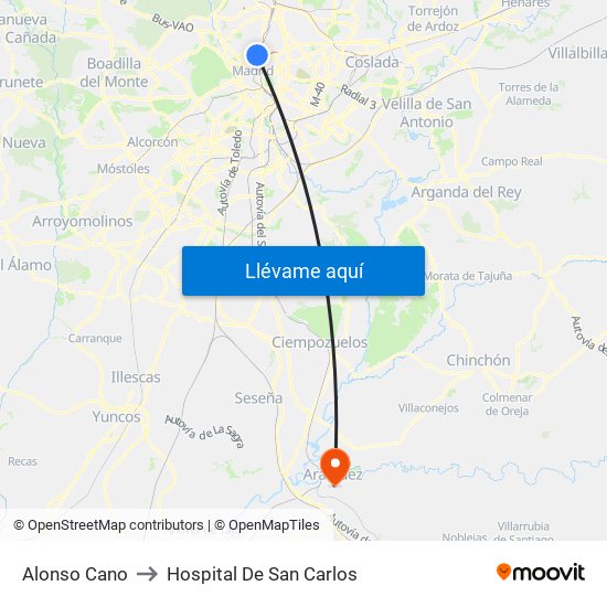 Alonso Cano to Hospital De San Carlos map