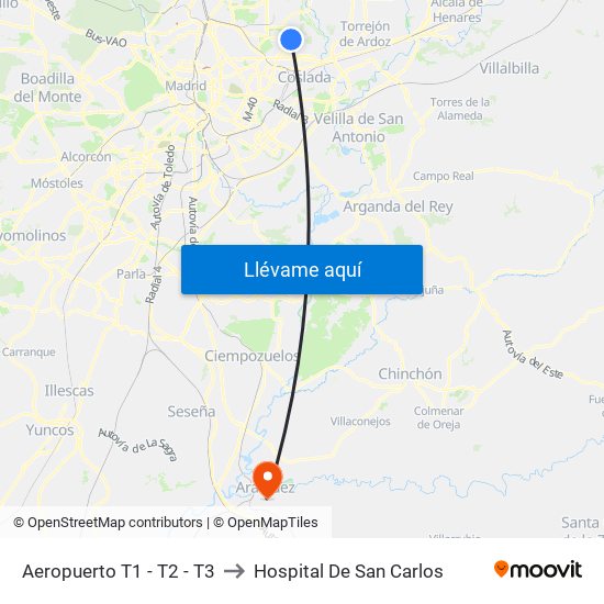 Aeropuerto T1 - T2 - T3 to Hospital De San Carlos map