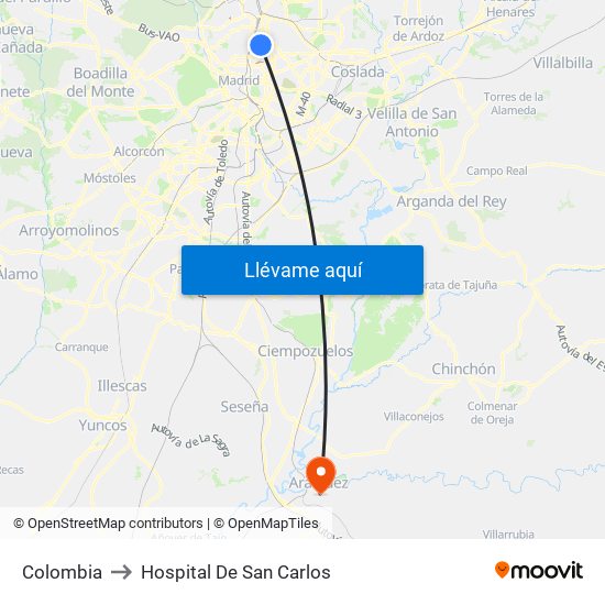 Colombia to Hospital De San Carlos map