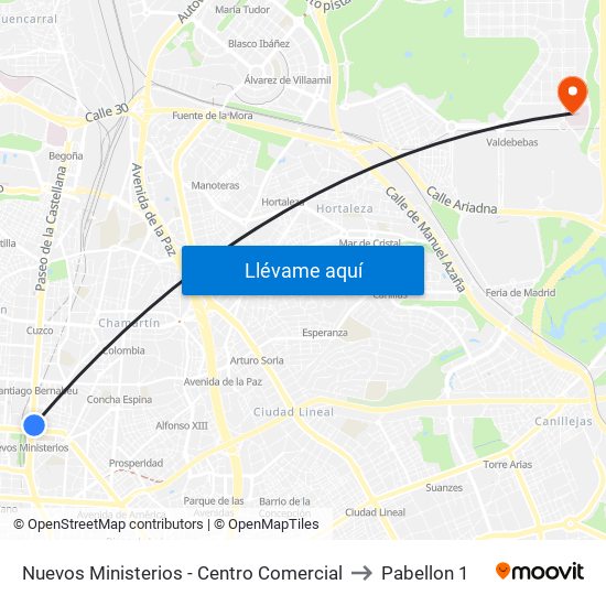 Nuevos Ministerios - Centro Comercial to Pabellon 1 map