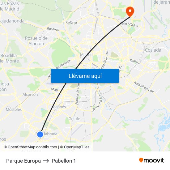 Parque Europa to Pabellon 1 map