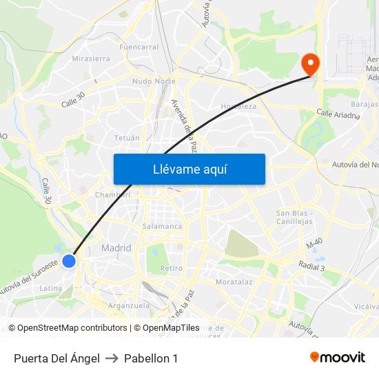 Puerta Del Ángel to Pabellon 1 map