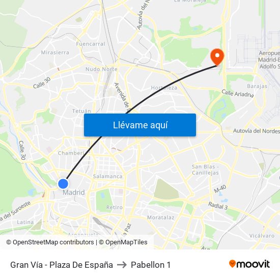 Gran Vía - Plaza De España to Pabellon 1 map