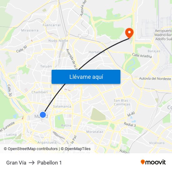 Gran Vía to Pabellon 1 map