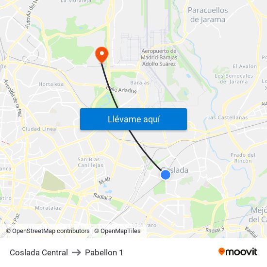 Coslada Central to Pabellon 1 map