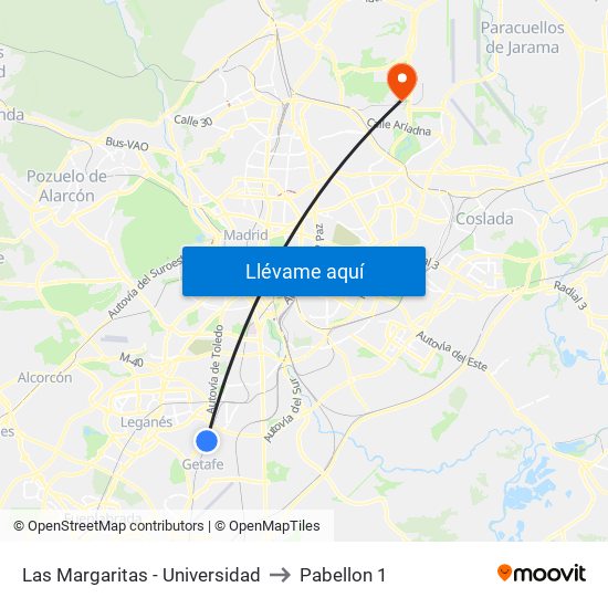 Las Margaritas - Universidad to Pabellon 1 map