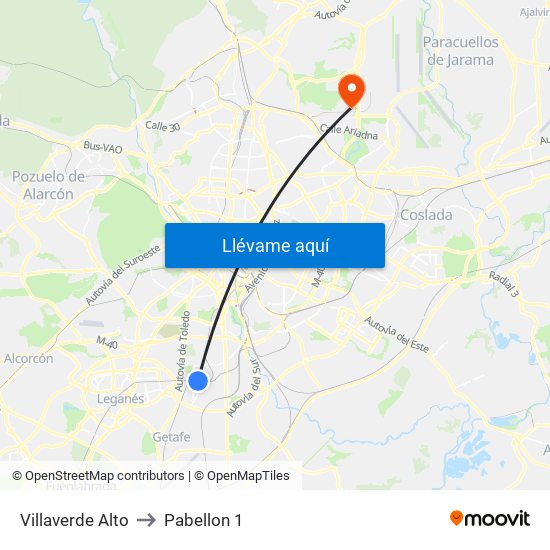 Villaverde Alto to Pabellon 1 map