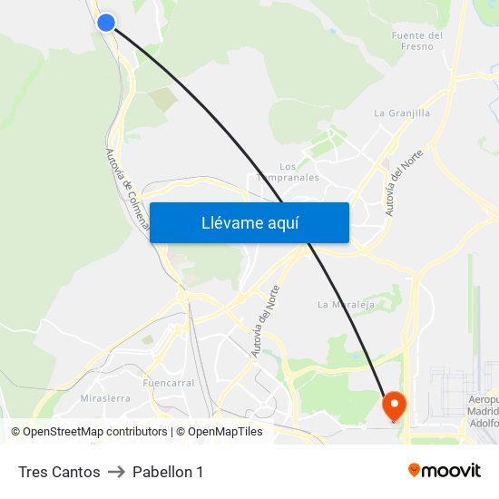 Tres Cantos to Pabellon 1 map