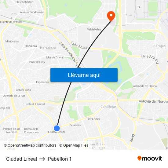 Ciudad Lineal to Pabellon 1 map