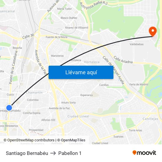 Santiago Bernabéu to Pabellon 1 map
