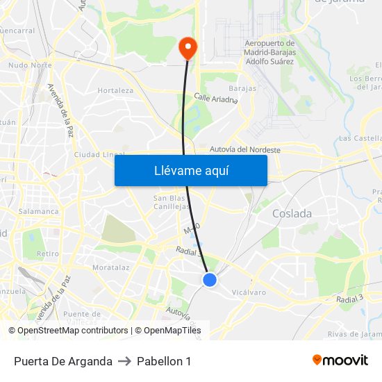 Puerta De Arganda to Pabellon 1 map