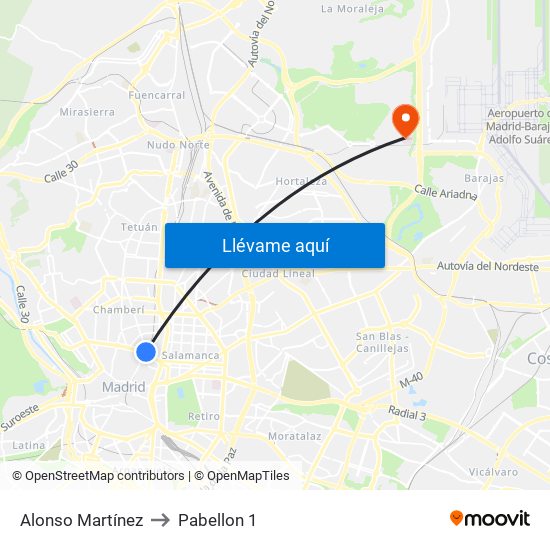 Alonso Martínez to Pabellon 1 map