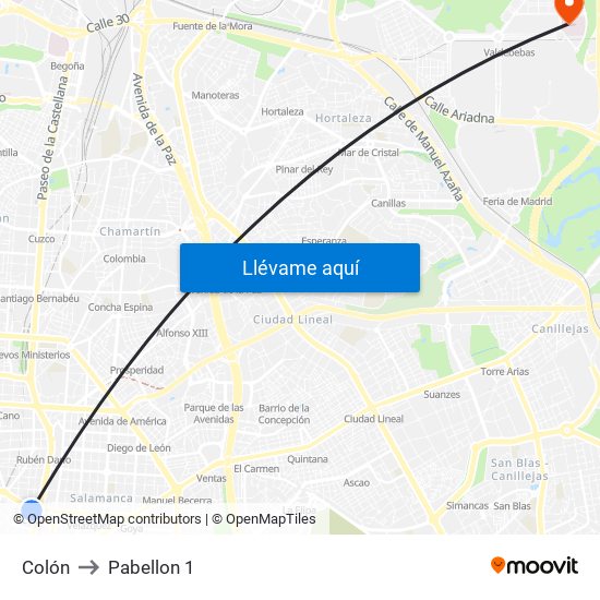 Colón to Pabellon 1 map