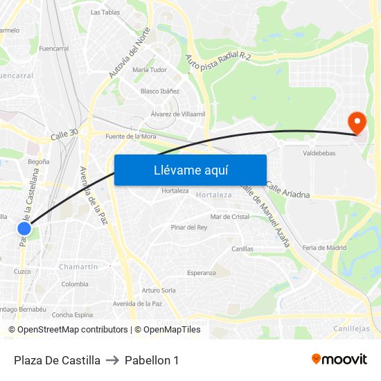 Plaza De Castilla to Pabellon 1 map