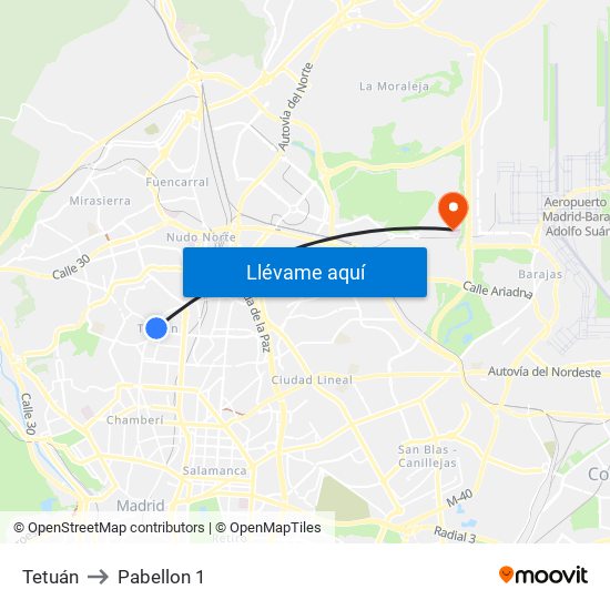 Tetuán to Pabellon 1 map