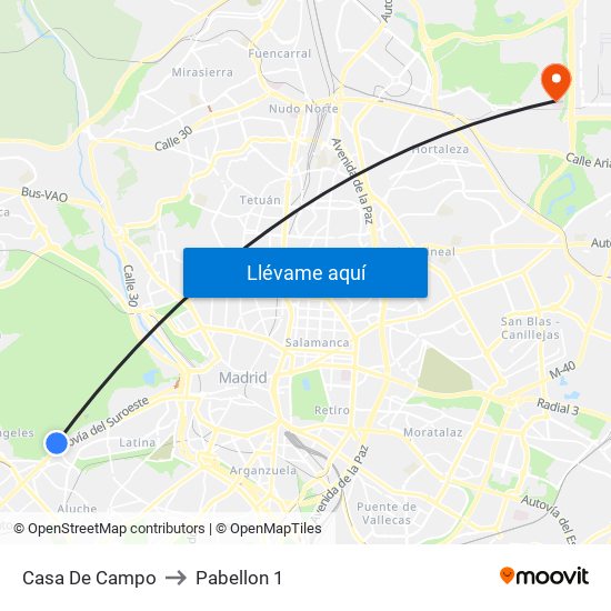 Casa De Campo to Pabellon 1 map