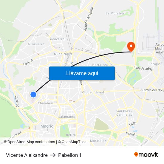 Vicente Aleixandre to Pabellon 1 map