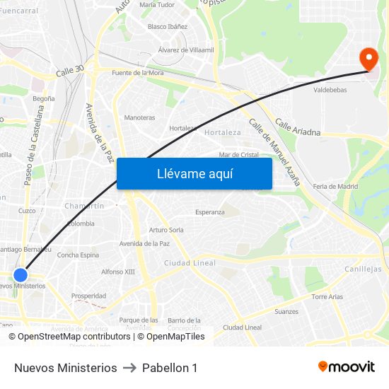 Nuevos Ministerios to Pabellon 1 map