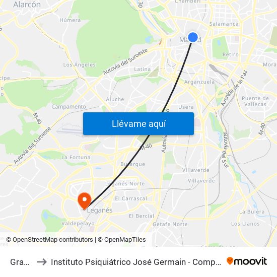 Gran Vía to Instituto Psiquiátrico José Germain - Complejo De Santa Teresa map