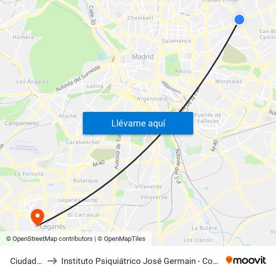 Ciudad Lineal to Instituto Psiquiátrico José Germain - Complejo De Santa Teresa map