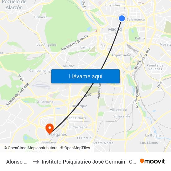 Alonso Martínez to Instituto Psiquiátrico José Germain - Complejo De Santa Teresa map