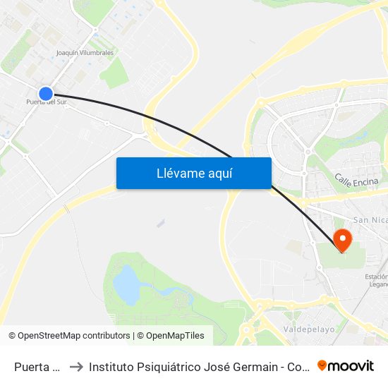 Puerta Del Sur to Instituto Psiquiátrico José Germain - Complejo De Santa Teresa map