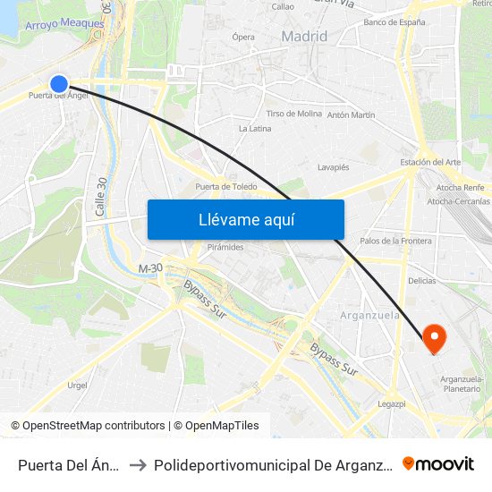 Puerta Del Ángel to Polideportivomunicipal De Arganzuela map