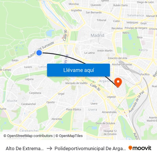 Alto De Extremadura to Polideportivomunicipal De Arganzuela map